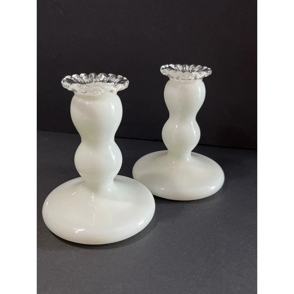 Vintage Fenton Milk Glass Candlestick Holders Pair Clear Ruffled Crest 4.5